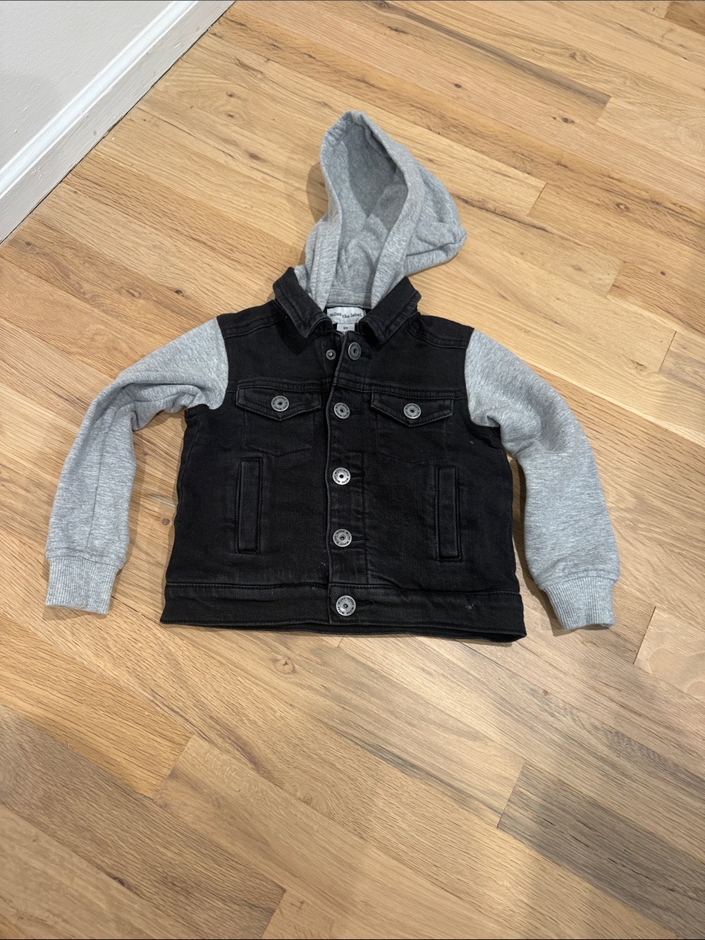 Kids Layered-Look Black Denim Jacket with Gray Hood and Sleeves